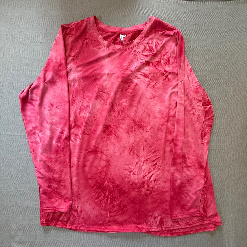 Foreyond Pink Tie Dye Long Sleeve Activewear Top Thumbhole Pleated Back 2XL 2148
